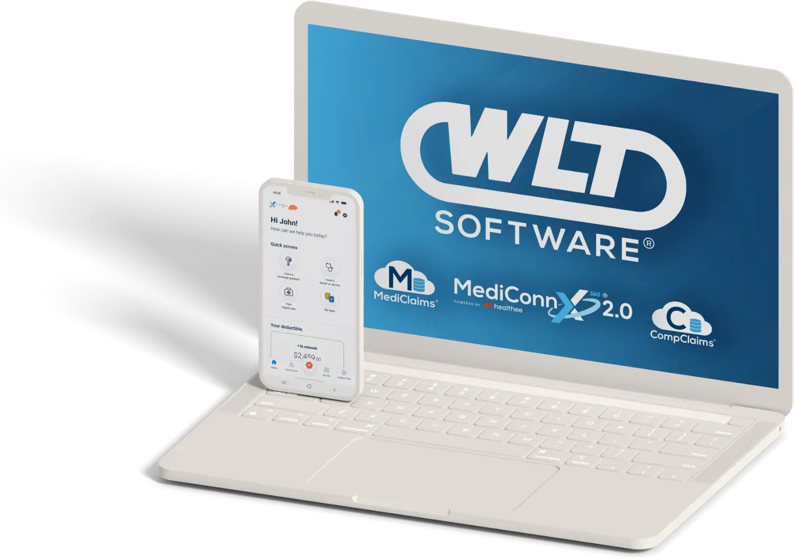 wlt-device Laptop and smartphone with WLT Software branding. Screen displays features like MediClaims and MediConn. Tech, healthcare, connectivity theme.