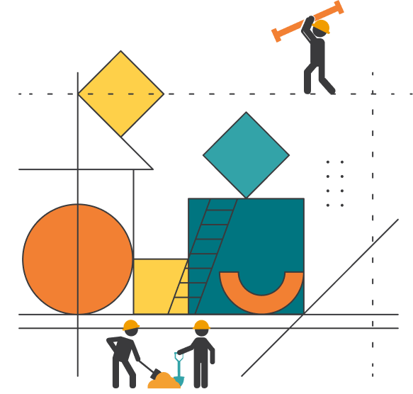 Illustration of builders assembling geometric shapes on a construction site